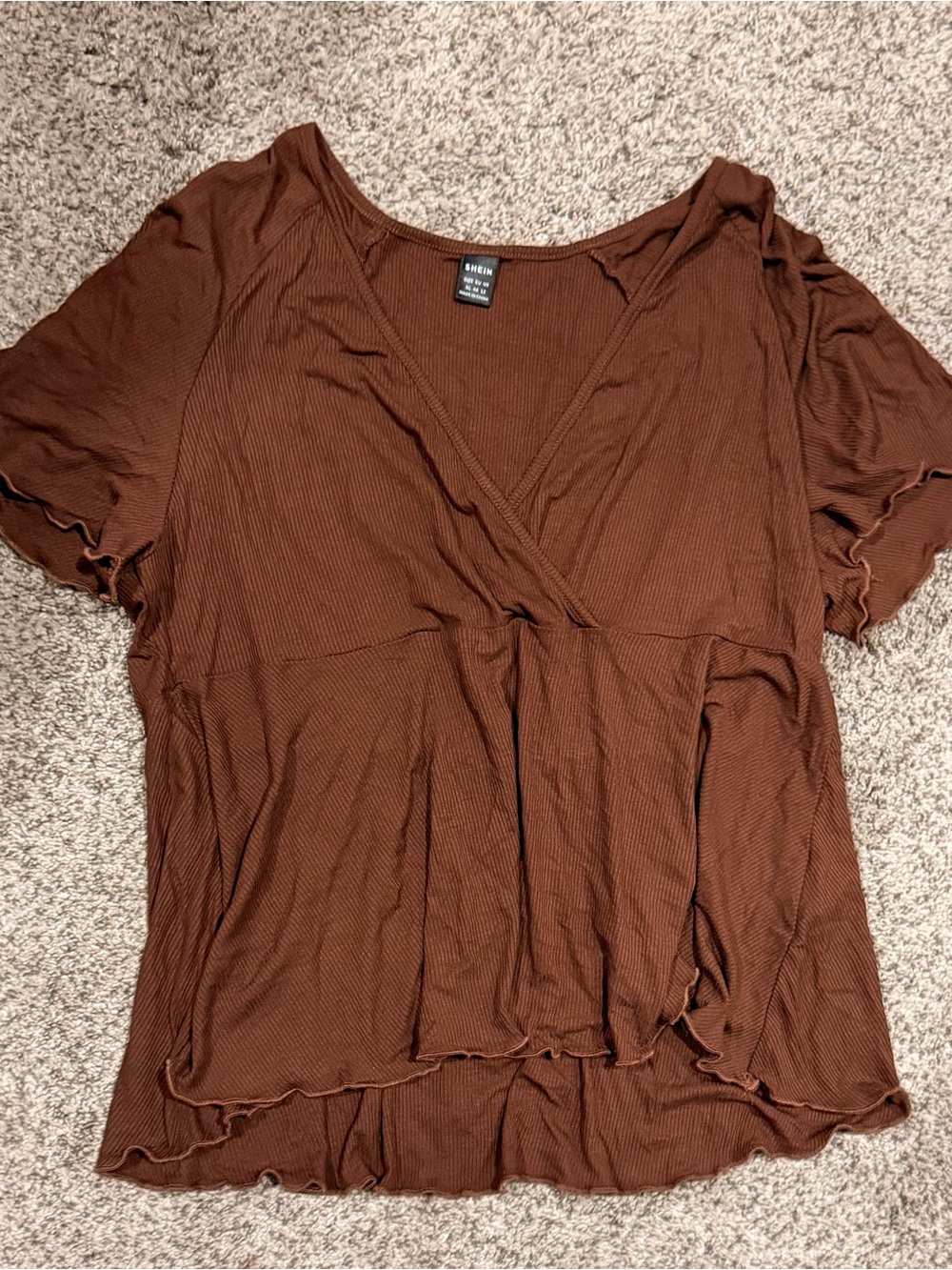 Brown Short Sleeve V-Neck Ruffle Hem Blouse